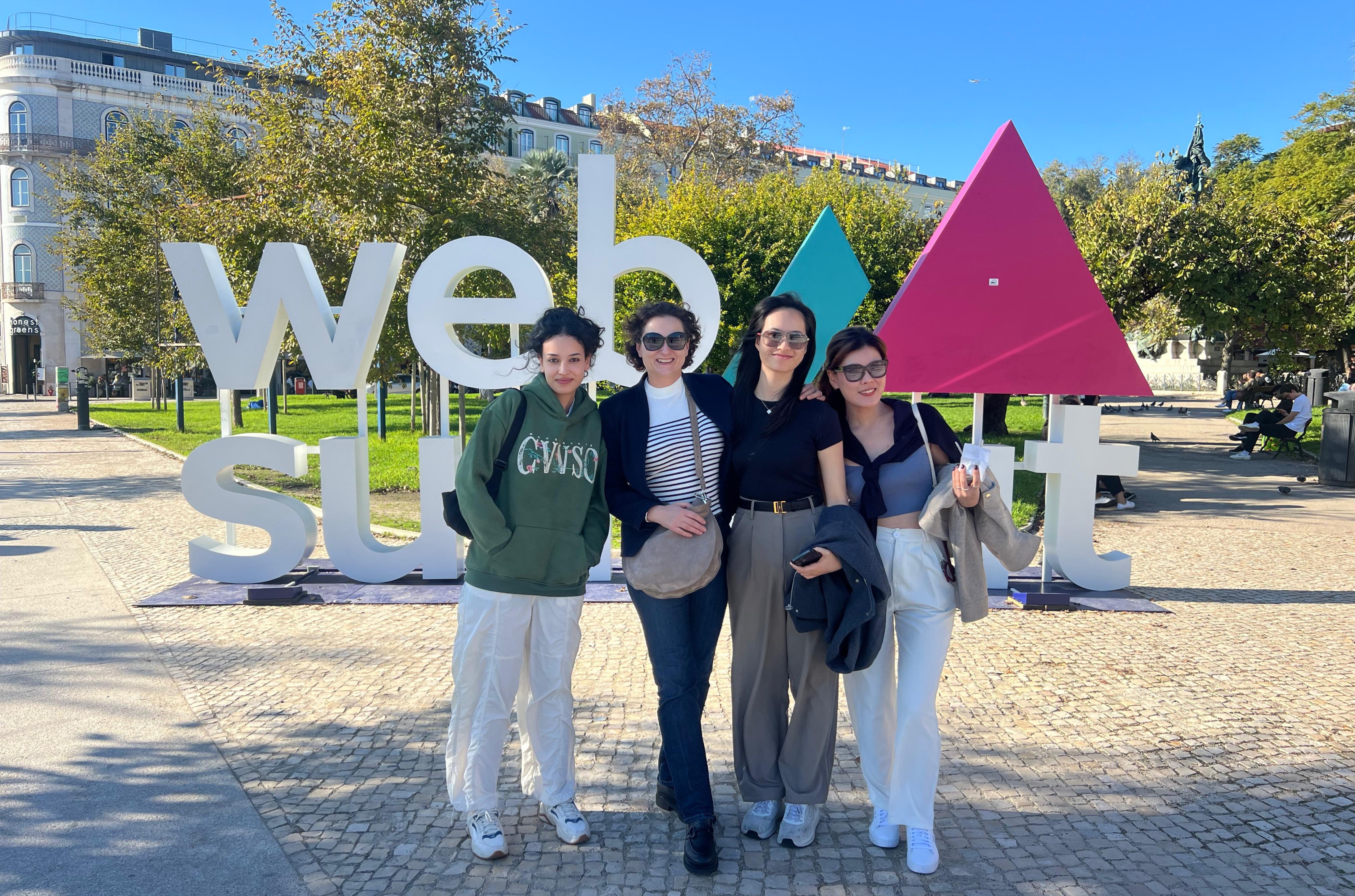 Dr. Marta DOWEJKO (2nd from left), Imane MALKI (BBA – Finance & ISBI, Year 3) (far left), Yuk Yan LI (BBA – ISBI & EBI, 2024 Graduate) (far right), and Chin Hei CHAN (Bachelor of Pharmacy of Chinese Medicine, 2024 Graduate) (2nd from right) at the Web Summit in Lisbon, Portugal.