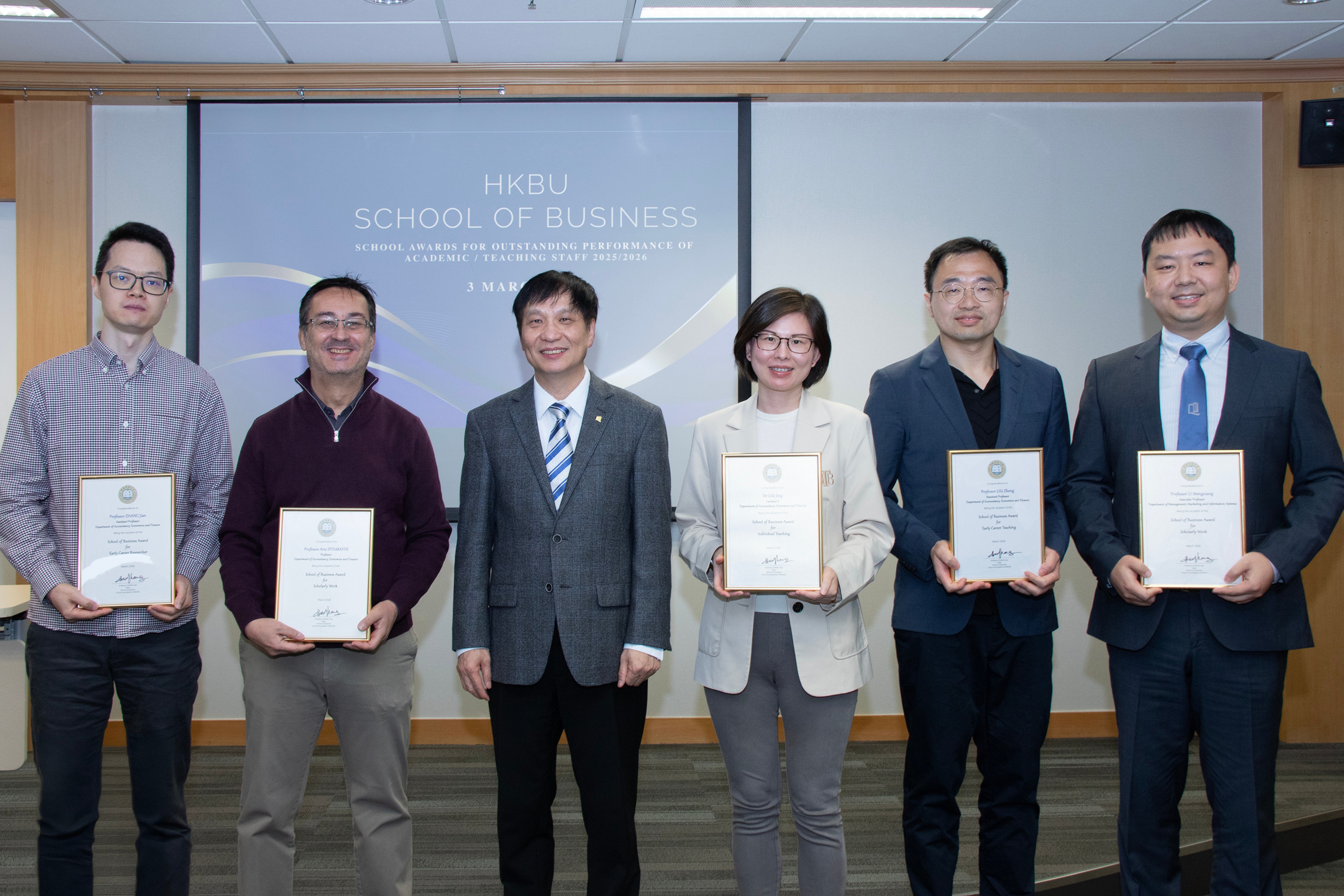 HKBU School of Business celebrates five distinguished faculty members at the School Awards for Outstanding Performance of Academic/ Teaching Staff 2025/26, recognising their exceptional achievements in teaching, research, and service.