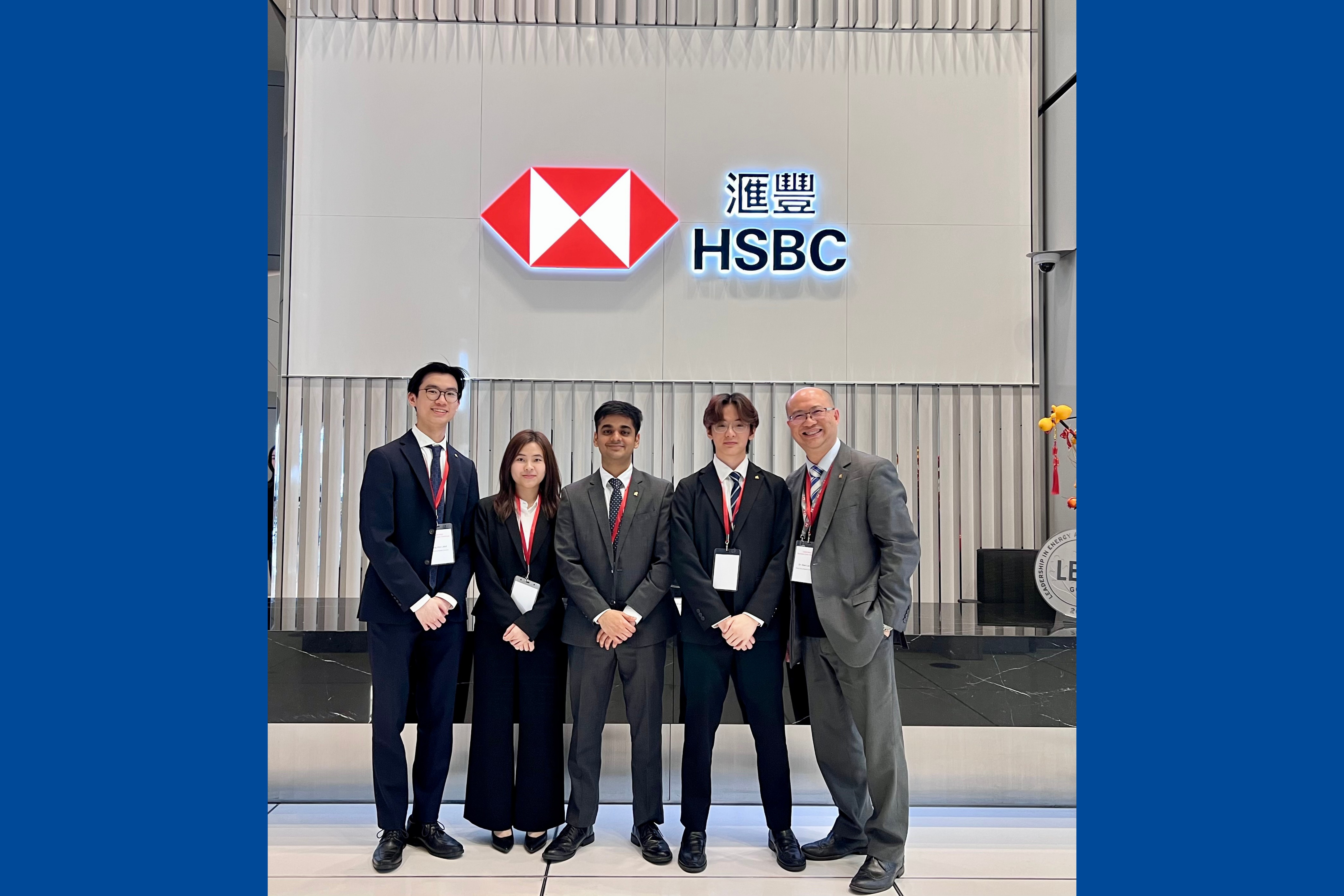 From left to right: Mr Lam Ting Him, Ryan (BBA FIN & ISBI, Year 4), Ms Lee Faustina Siantori (BBA ACCT & FIN, Year 4), Mr Venkata Subramanian Sasiresh, Sasi (BBA FIN, Year 4), Mr Lee Hok Lai, Capper (BBA FIN, Year 3) and Dr Man KO, Senior Lecturer and Associate Head (Teaching), Department of Accountancy, Economics and Finance (AEF). 