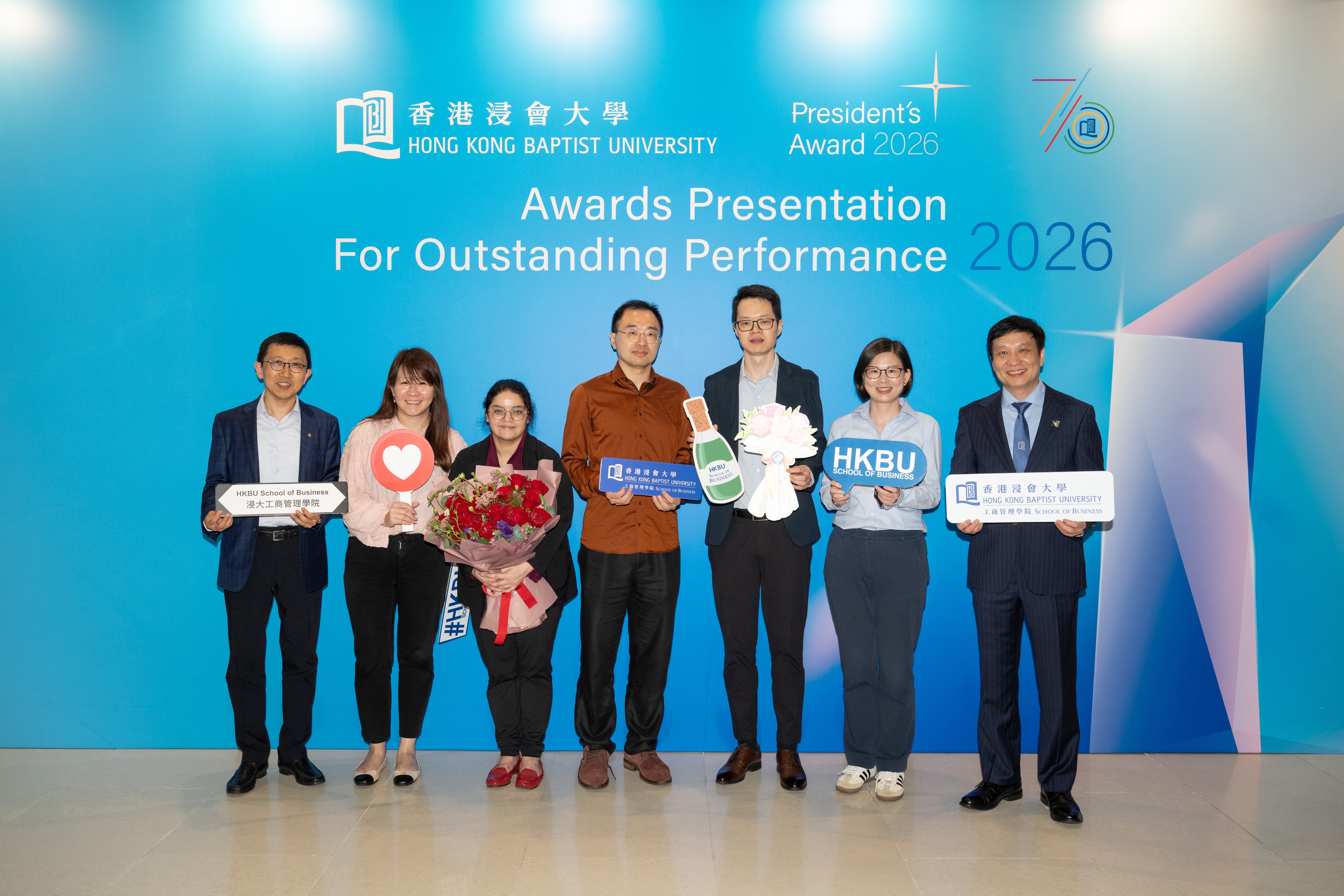 HKBU School of Business faculty members, including the President’s Award 2026 honourees, pictured together with Professor Zhang Han (far right), Dean and Chair Professor of the School.
