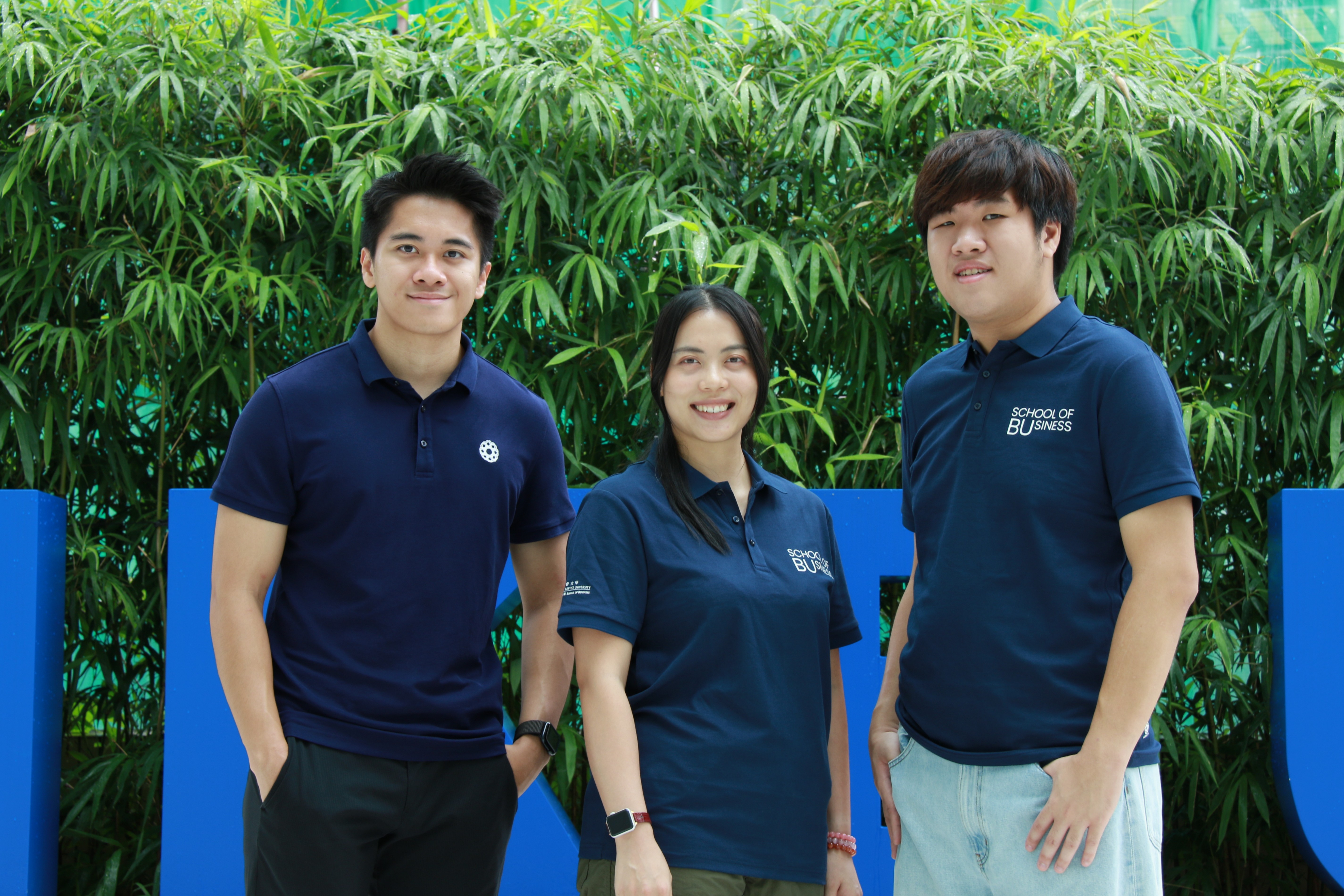 Audacity Founder and alumnus Leo Lau (left) is joined by an HKBU staff member (centre) wearing the School polo shirt, alongside Audacity Operations Director Keith Tang (right), a current student in HKBU’s Bachelor of Social Sciences (Honours) in Integrated Communication Management, also in the School polo shirt.