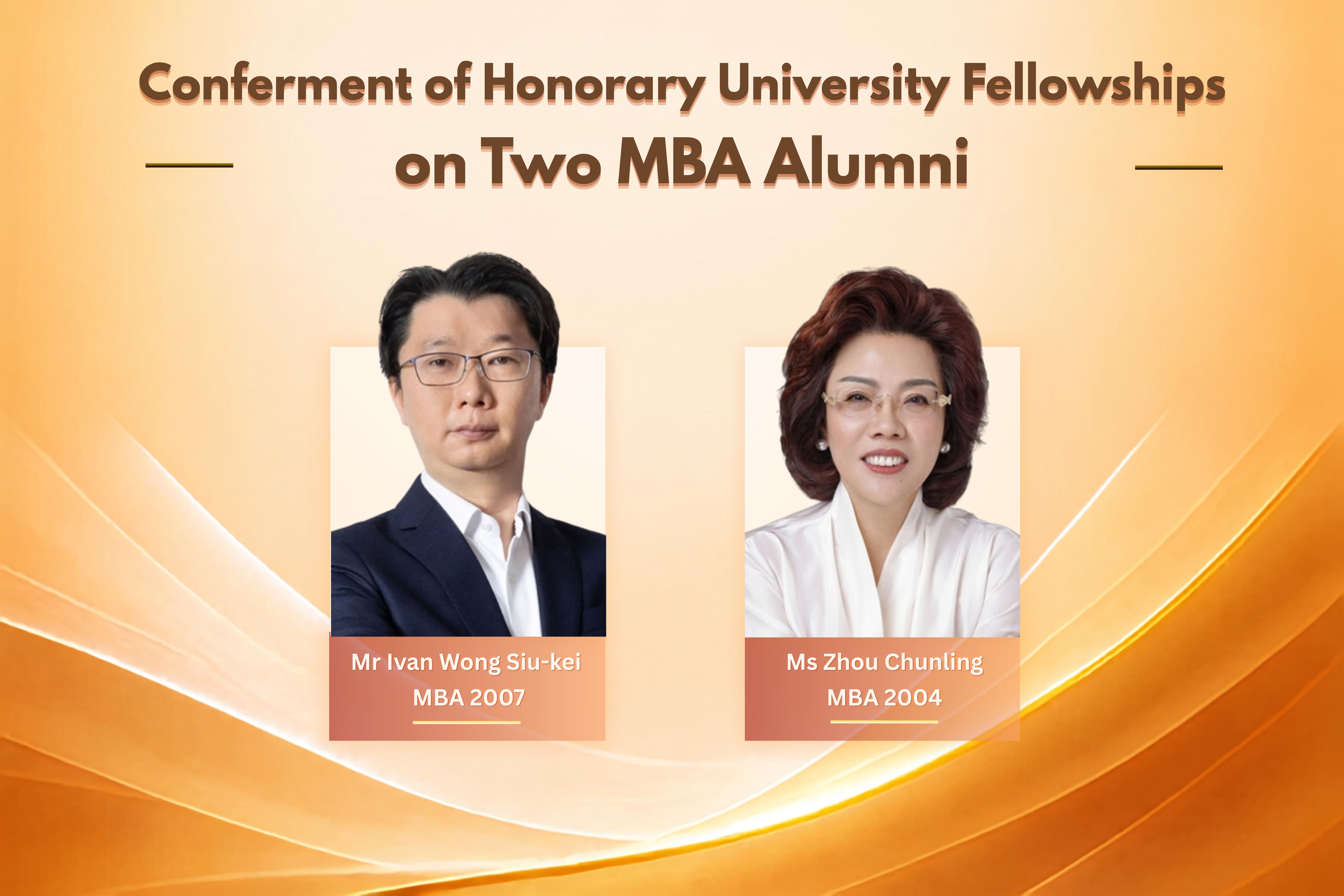 Two MBA alumni from HKBU School of Business, Mr Ivan Wong Siu-kei (MBA 2007) and Ms Zhou Chunling (MBA 2004), were among five recipients of the Honorary University Fellowship conferred by Hong Kong Baptist University (HKBU).