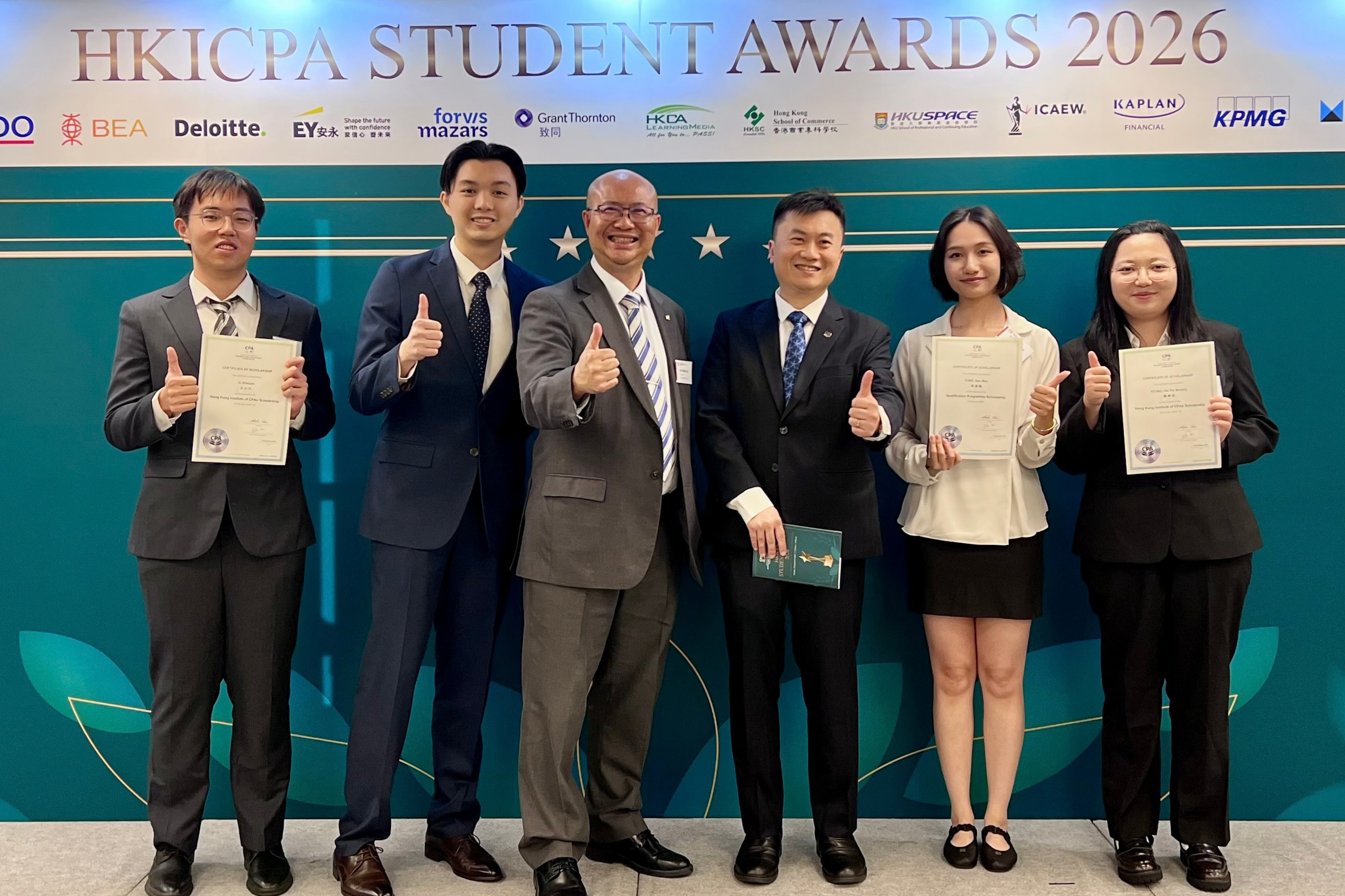 (From right) Ms Beverly Yeung Hei-pui, Ms Fung Dao Wen, Mr Arthur Lee MH, Chief Executive and Registrar, HKICPA, Dr Man Ko, Senior Lecturer and Associate Head (Teaching), HKBU School of Business, Mr Euriel Pang, BBA alumnus in Finance, Class of 2025, and Mr Ji Zhixuan at the HKICPA Student Awards 2026 ceremony.