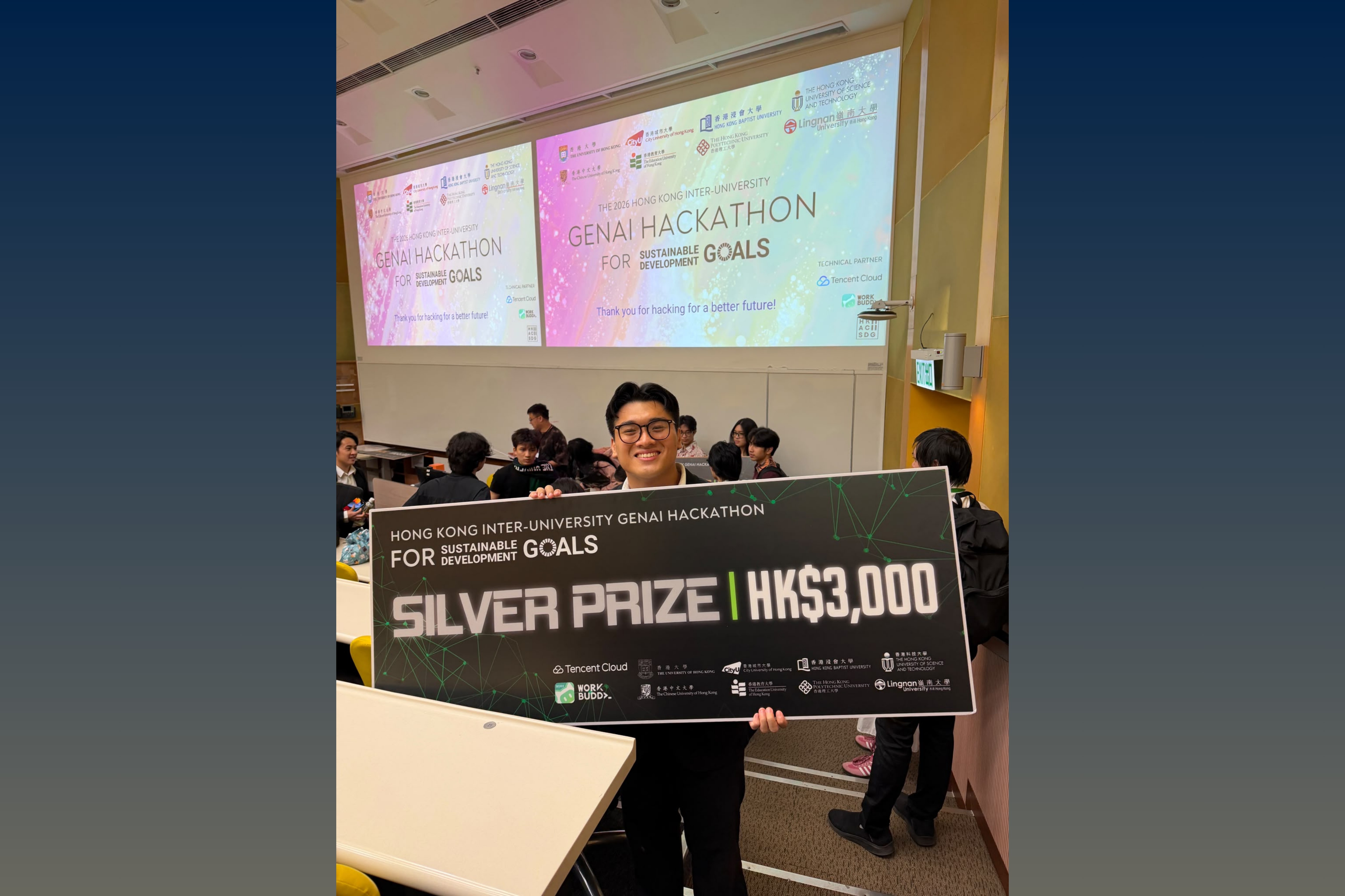 Mr Aiji Umemori, a student of the MSc in Finance (FinTech and Financial Analytics) programme, celebrates his team’s Silver Prize win at the 2026 Inter-University GenAI Hackathon for Sustainable Development Goals.